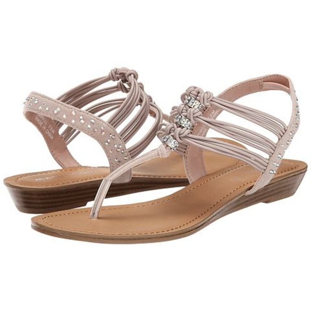 Madden Girl Flat Thong Sandals WMNS 8M Beige Elastic Strap Slingback Embellished - Picture 2 of 10